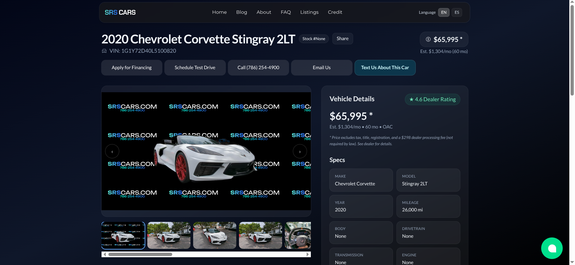 SRSCARS vehicle listing with inventory details and customer contact options.