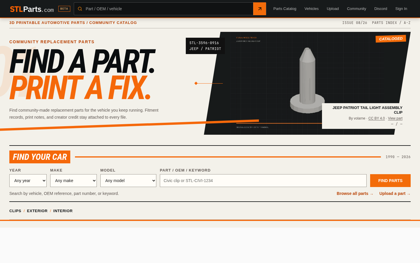 STLParts searchable catalog homepage with vehicle filters and community part records.